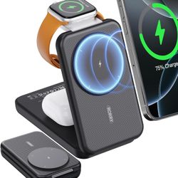 RORRY Portable Charger, 3-in-1 Charging Station 10000mAh Portable Charger Power Bank for MagSafe Foldable Battery Pack Travel for iPhone 16/15/14/13/1