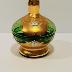 Czech Bohemian Candy Dish Lidded Art Glass Emerald Green Rose Enamelled & Gold . Elegant and standing green glass lidded dish/tray is in excellent con