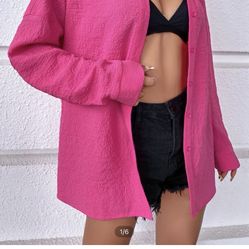Hot Pink Textured Button Down Shirt Sz M