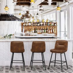 24”H Bar Stools Set of 3, Double-Layer Upholstered, for Home Kitchen, Yellowish Brown