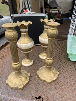 Brass and ivory vase and candle holders