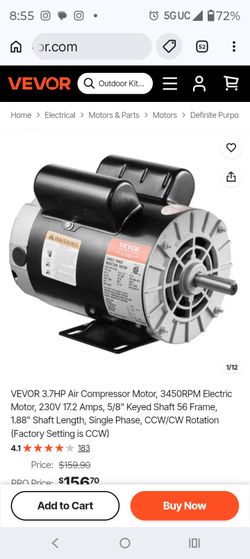 VEVOR 3.7HP Air Compressor Motor, 3450RPM Electric Motor, 230V 17.2 Amps, 5/8" Keyed Shaft 56 Frame, 1.88" Shaft Length, Single Phase, CCW/CW Rotation