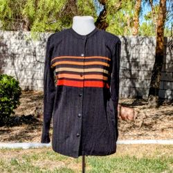 VTG Adolfo Striped Lamb's Wool/Acrylic Cardigan Sweater w/Pockets Button-Up EUC