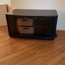TV Stand (Medium) Black Solid Wood 35” W. With Glass Doors