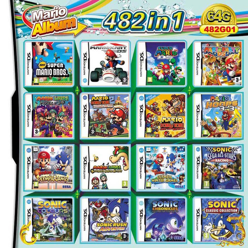 482 in 1 Video game reproduction cartridge for Nintendo DS, DS Lite, DSi, 2DS, 3DS, and XL
