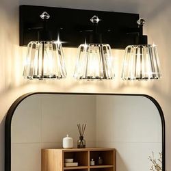 3-Light Crystal Vanity Light, Modern Wall Mount Bathroom Mirror Light with Ceramic E26 Base, Wall
