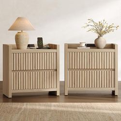 Night Stands Set of 2-Fluted Nightstands with Charging Station- Large Nightstand Bedside Table End Table with 2 Drawers, 25" Tall Mid Century Modern N