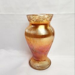 VTG Jeanette Glass Marigold Carnival Glass Vase Ribbed with Floral Border . 