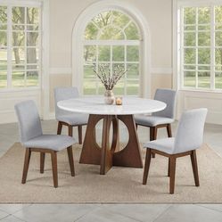 Brand New Organic Modern Walnut Genuine Marble Top 5pc Dining Table Set