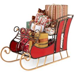 BECOMFORT Christmas Sleigh, Red Metal Santa Sleigh with Large Cargo Area for Gifts, Golden Balls & Elegant Scrollwork, Outdoor Christmas Decoration fo