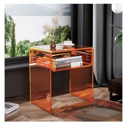 Clear Acrylic End Table 2-Tier Bedside nightstand for Living Room Bedroom Home Decor (Orange)