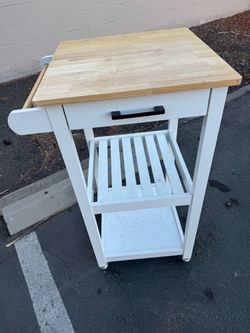 Sunrise Kitchen Island with Harvest Hardwood Top White/Natural - Flora Home: Sliding Drawer, Towel Rack, 2 Shelves