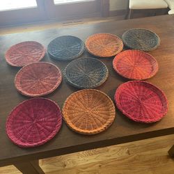 Set of 10 - Woven Picnic Casual Wicker Paper Plate Holders 9.5” Round Multicolored Vintage 