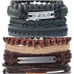 2 x Set Adjust. Size up to 9.5inc Leather Bracelet, (I__Jesus-Will/Way)