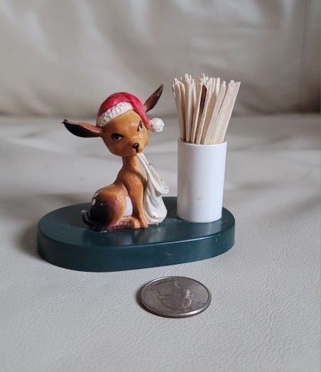 Vintage Christmas Toothpick Holder, Plastic Deer 2-3/8" Tall Home Decor, Made In Hong Kong.