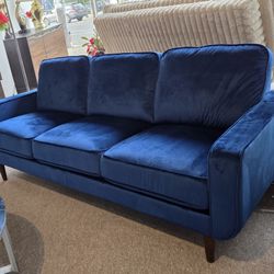 Mid-Century Modern Blue Velvet Sofa New