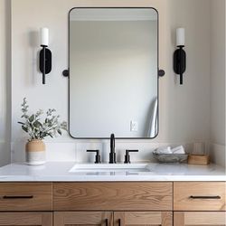 NIB ANDY STAR 22"x34" Matte Black Pivot Mirror for Bathroom, Metal Frame Bathroom Mirrors for Wall，Rectangle Titling Vanity Wall Mirror with Rounded C