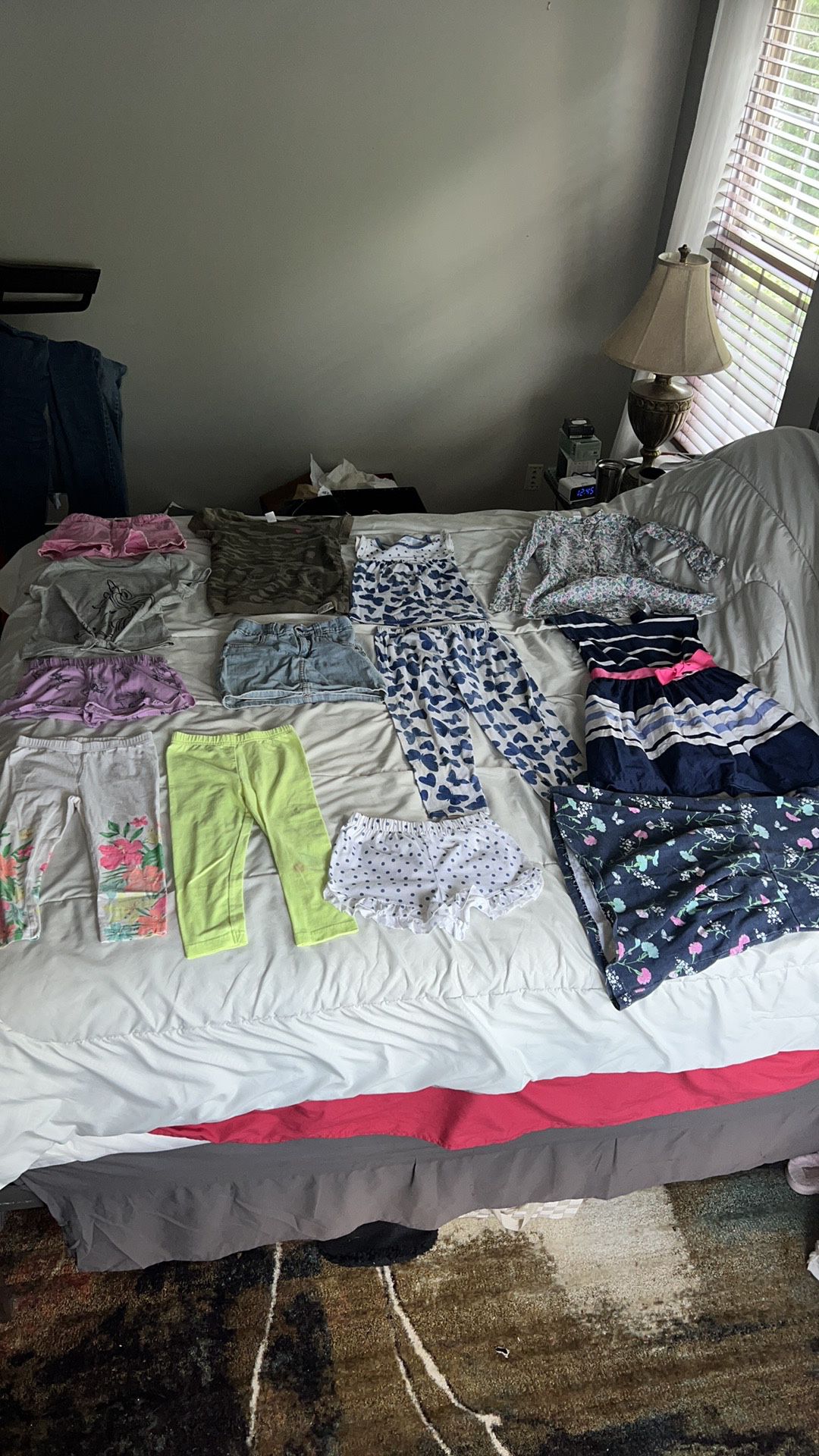 Carters girls size 6/6x clothes. Dresses, leggings, sorts, skirt, pjs. Some are faded/have light stains/piling - see pics