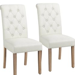 Tufted Dining Chairs Button Parsons Diner Chair Upholstered Fabric Dining Room Chairs with Solid Wood. 2 Pcs Beige