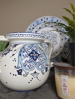 Blue and White Hand-Painted Ceramic Jar with Lid