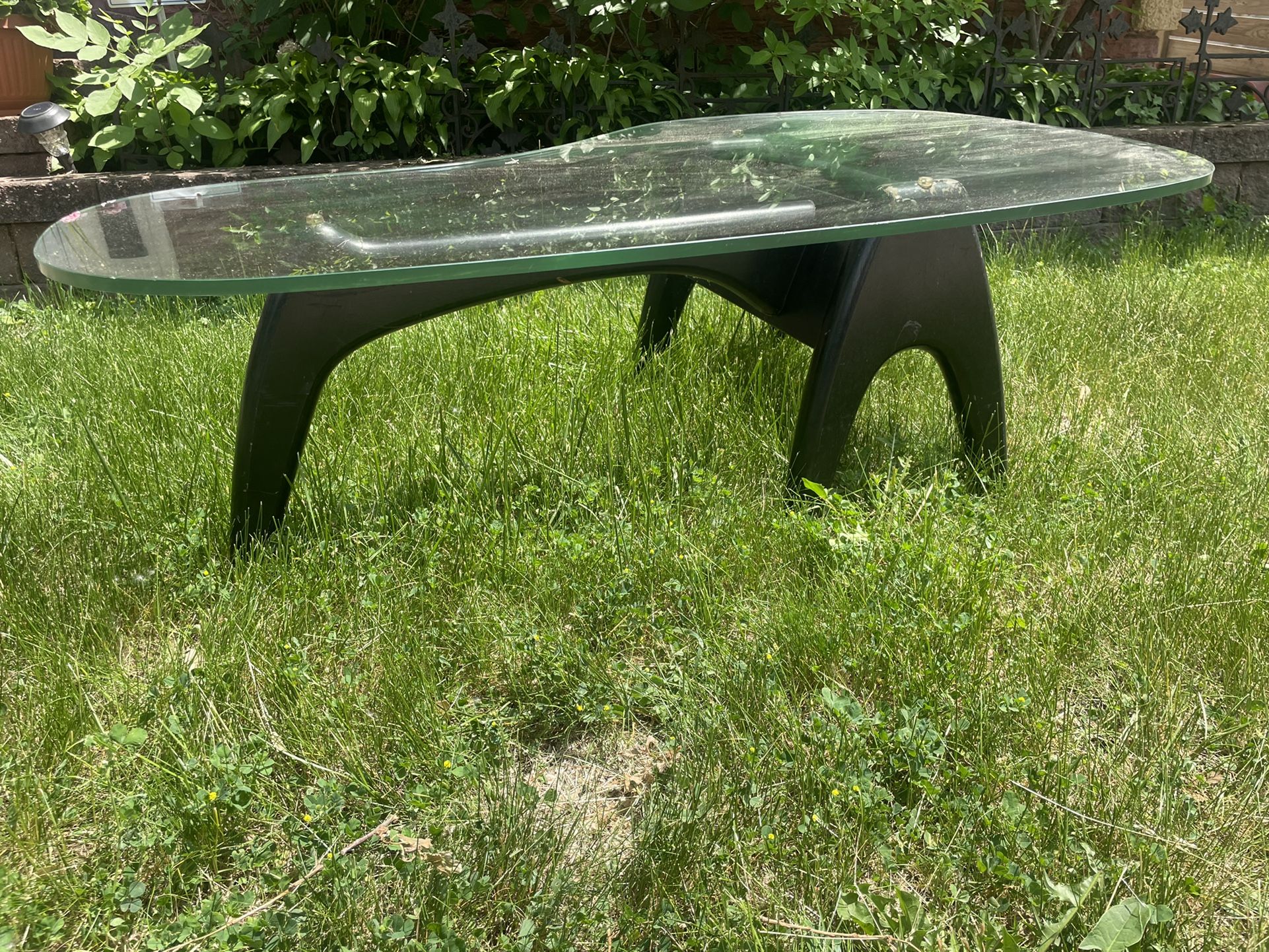 Vintage MCM Mid Century  wood base glass top coffee table 