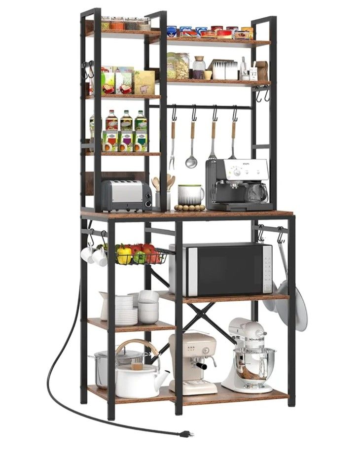 Bakers Rack with Power Outlet, 7-Tier Microwave Stand, Large Coffee Bar Stand with 12 Hooks & Wire Basket, Metal Kitchen Shelf Organizer for Pots, Spi