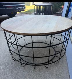 Matching Industrial Round Wood & Black Metal Cage Coffee Table + 2 Side Tables – Set of 3 - $250 OBO