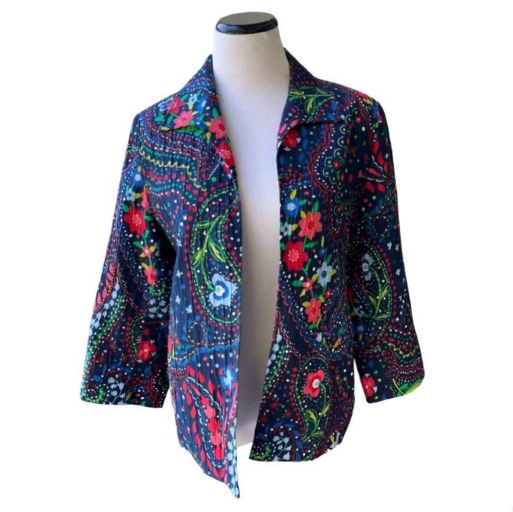 ALFRED DUNNER BOHEMIAN BLAZER JACKET WOMEN'S'S SZ 10 BLUE RED PRINT OPEN FRONT