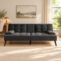 Futon Sofa Dark Gray Tufted Velvet Convertible