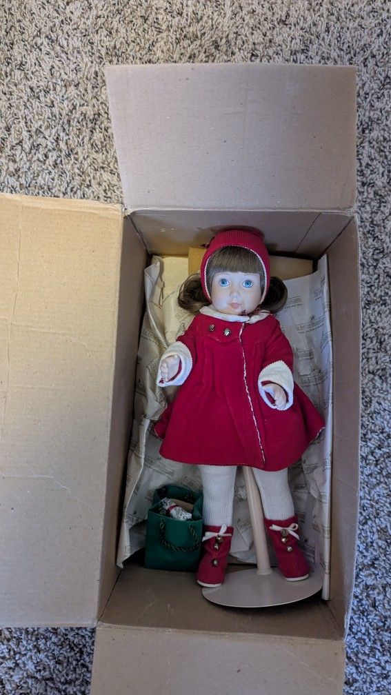 Vintage Porcelain Stephanie At Christmas Doll By Danbury Mint, 14"