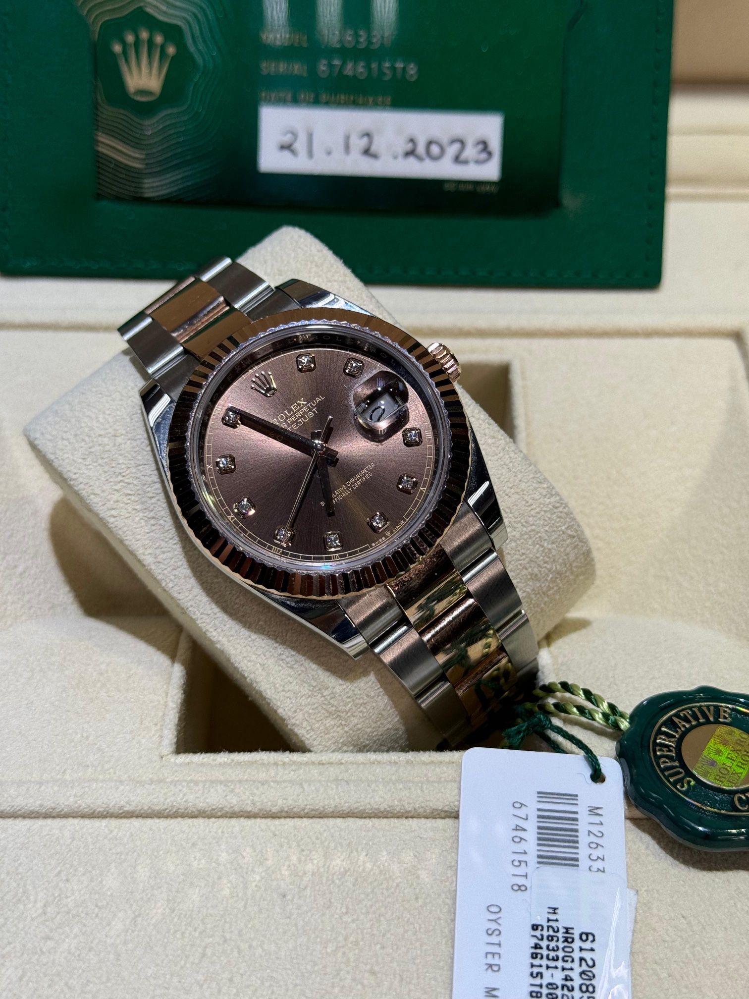 2023 Rolex DateJust Tone Rose Gold Chocolate Diamond Dial