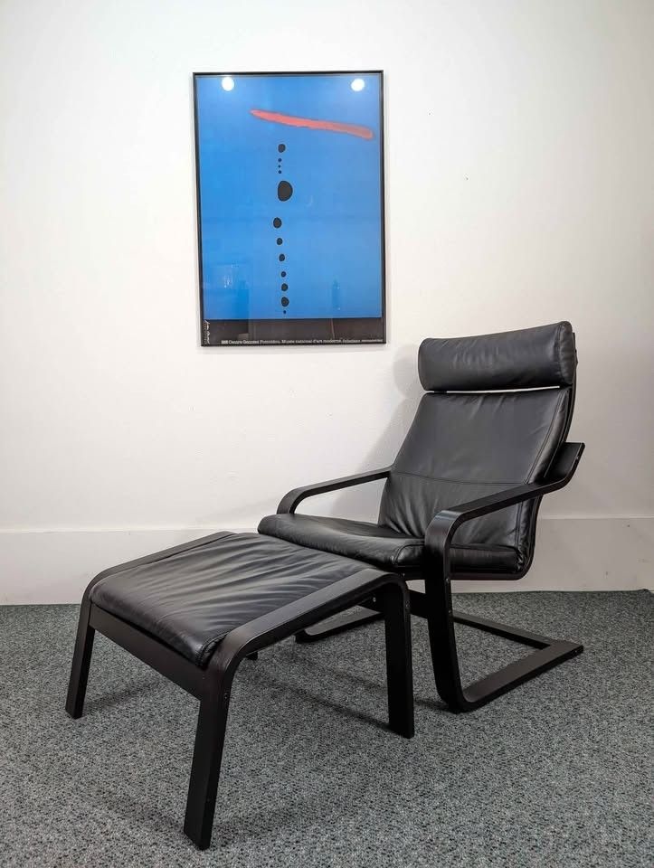 IKEA Poang Black on Black Leather Lounge Chair & Ottoman