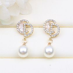 Fashion Letter CD Style Diamonds Pearl Earrings 925 Silver