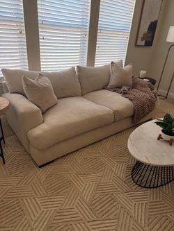 Beige Fabric Sofa with Throw Pillows