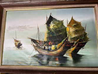Framed Oil Painting of Chinese Junk Ships