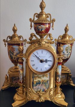 Luxury Vintage Italian Imperial Brass & Porcelain 3-Piece Mantel Clock Set -