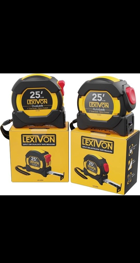 [2-Pack] 25Ft/7.5m Tape Measure,DuaLock & AutoLock |1-Inch Wide Blade with nylon