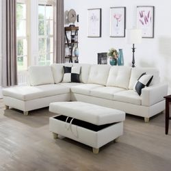  Memorial Sale Starts Today! ⭐ BIG SECTIONAL – White Faux Leather 3-Piece Sofa Set