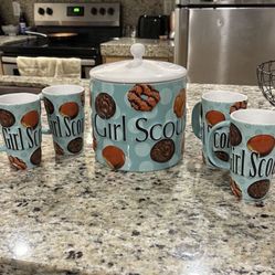 Cookie Jar - I love Girl Scout Cookies 2006 Rare Ceramic Blue Large & Cups Set 4 Quarterly And Chocolate 🍫 