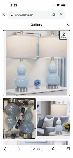 22" Double Gourd Ceramic Table Lamps Set of 2, Blue Modern Bedside Lamps