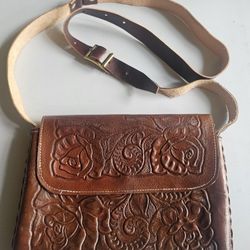 Brown Leather Floral Print Purse