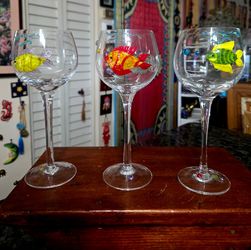 Vintage Murano Style 3 Wine Glasses Applied 3D Art Glass Fish, Oceanic Accents.