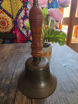 Large Vintage Solid Brass Hand Bell with Wooden Handle – 9" School/Dinner Bell