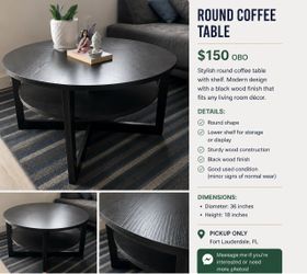 Round Black Wood Coffee Table with Shelf