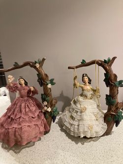 Victorian Lady Figurines with Lace Dresses Set of 2