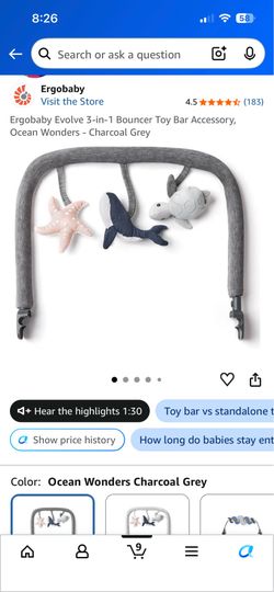 Ergobaby Evolve 3-in-1 Bouncer Toy Bar Accessory, Ocean Wonders - Charcoal Grey