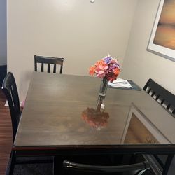 Real Wood Brown Dining Table With Glass Top & 4 Chairs 