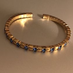 Vintage Joan Rivers Gold Plated Blue Sapphire Crystal Cuff Bracelet New Signed 
