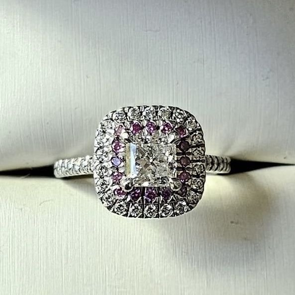 Platinum Lab Diamond Ring 0.79ct E/VVS2 Pink Halo + Hidden Halo Pave