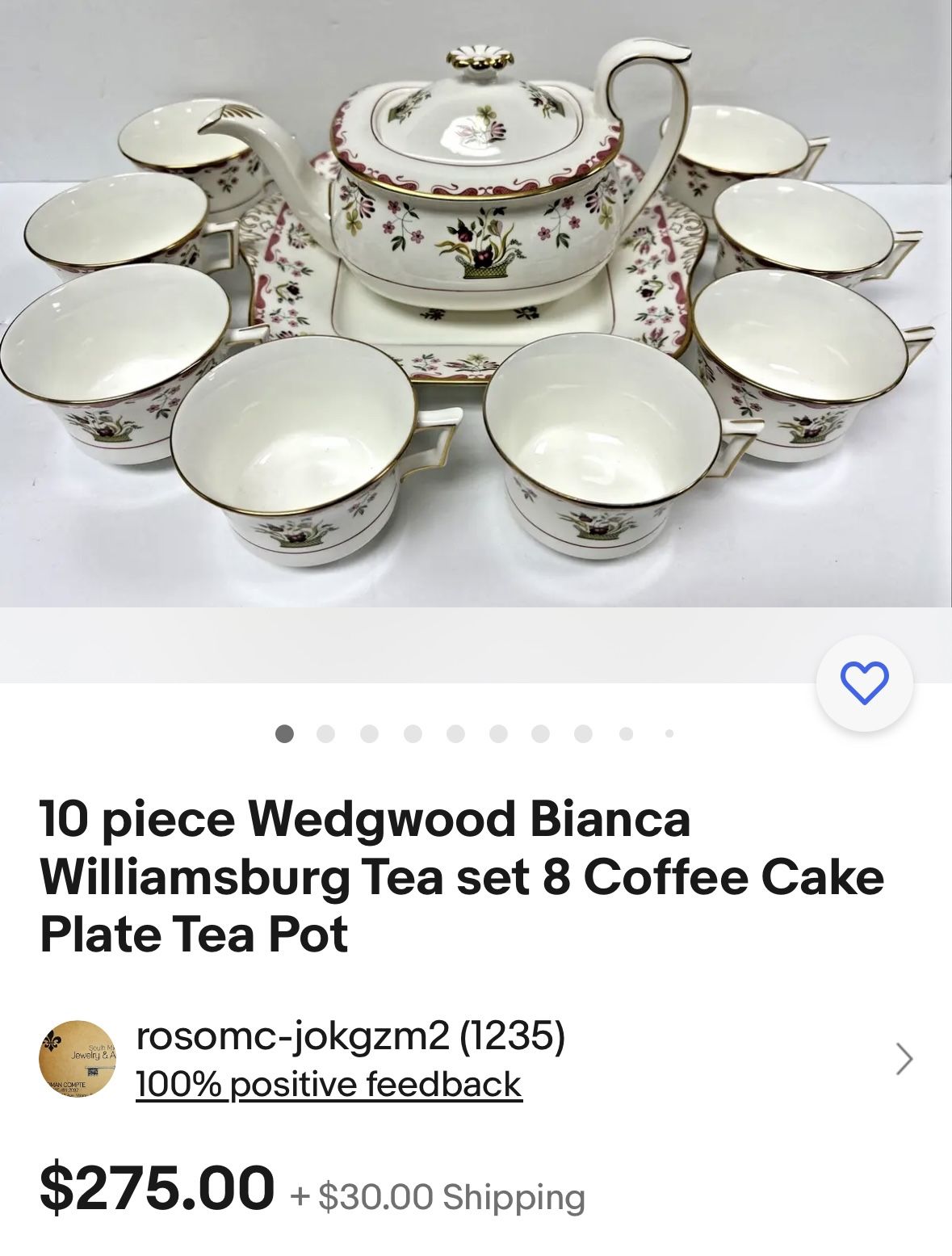 10 piece Wedgwood Bianca Williamsburg Tea set 8 Coffee Cake Plate Tea Pot